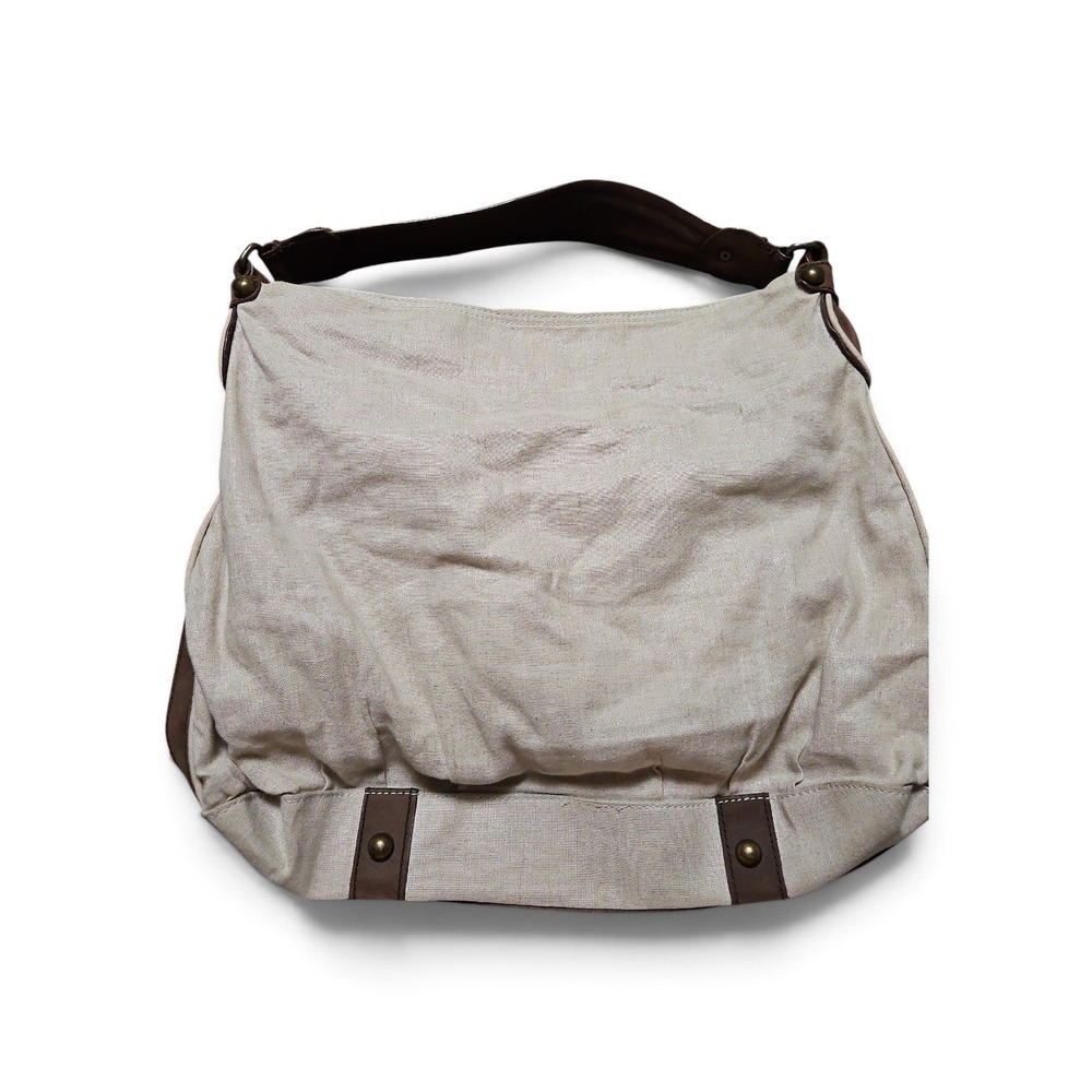 Canvas Hobo Shoulder Bag Cream Brown Trim Large Slouchy Tote Handbag